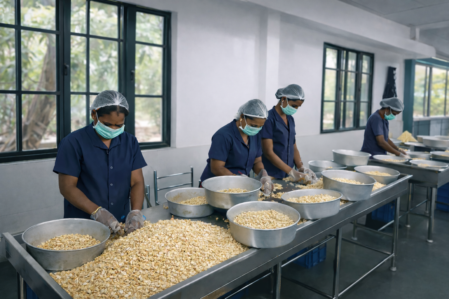 Workers sorting cashew kernels by grade at processing unit